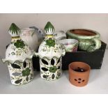 Three boxes of china, footstools, vases, planters,