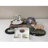 A tray containing Royal Albert Old Country Roses mantel clock, vase, dish, coasters etc,