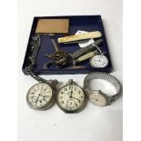 Collectables to include a silver fob watch, three other watches, compact, watch keys,