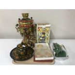 A tray containing a boxed Russian samovar, boxed Spong coffee maker,