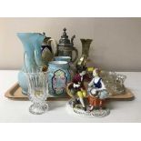 A tray containing antique hand painted glass vases, pair of brass vases, pair of brass vases,