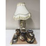 An Oriental table lamp and shade together with 7 pieces of Japanese Satsuma ware
