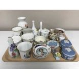 A tray of commemorative cups, Standard tea set, Aynsley and Wedgwood Jasperware,