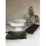 A large pottery twin handled bowl together with a pewter twin handled shallow bowl and a pottery