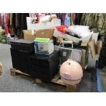 A large quantity of costume masks, Christmas hats, digital steam press, Philips mini system,