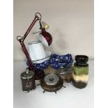 A tray of enamelled jug and basin, angle poise lamp, desk stand, pipe,