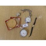 A silver pocket watch and Albert chain, sovereign case, Smiths pocket watch,