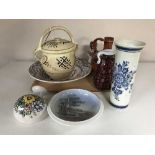 A tray of Delft ware plate, pottery storage jar, vases,