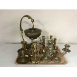 A tray of brass ware and a spirit kettle on stand