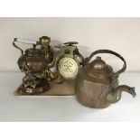 A tray of antique copper kettle, kettle on stand, kitchen scales,