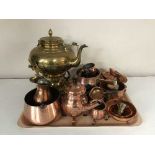 A tray of brass spirit kettle on stand, copper ware,