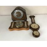 A tray of oak mantel clock and two barometers