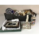 Three boxes of assorted china and glass ware,