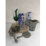 A tray of glass vases, Regency Ironstone vase, brush set, metal trinket box,