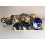 Three Chinese blue glazed vases, rooster teapot,