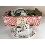 Two boxes containing Churchill dinner service, Doulton teapots, Doulton mantel clock,