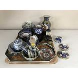 Two trays of oriental china, cloisonne miniature vase,