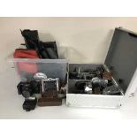 Two boxes and a case of camera equipment - Poloroid, Pratika,