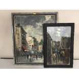 A gilt framed oil on panel - abstract street scene, signed E.