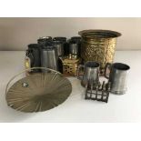 A tray of brass planters, candlestick, egg timer, pewter pieces,