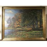 Two large gilt framed oils on canvas - woodland scenes