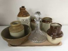 A tray of ship's decanter, stoneware J H Jones & Sons of Leicester jar,