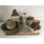 A tray of ship's decanter, stoneware J H Jones & Sons of Leicester jar,