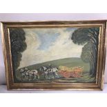 A gilt framed oil on canvas - figure on a horse drawn carriage