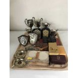 A tray of plated trophies and a dishes relating to Hexham & District Motor Club, cigarette box,