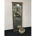 A gilt framed hall mirror and a stool