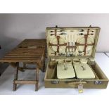 A mid 20th century Sirram cased picnic set and two folding wooden stools