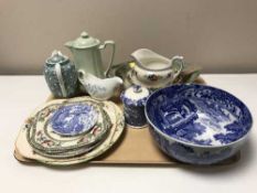 Two trays of Spode blue and white bowl, Maling preserve pot,