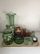 A tray of antique coloured glass ware,