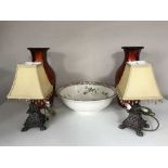 Two boxes of china, meat plates, dinner ware, two red vases, table lamps,