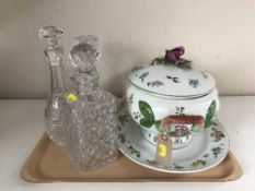 Three lead crystal decanters with stoppers and a large Franklin Mint Cordon Bleu soup tureen on