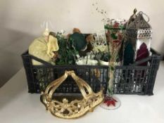 Two baskets of brass, candle holders, gilt wall shelf,