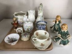 Three Goebel figures, Coalport Moments figure, Aynsley pieces, Adams mug,