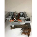 A pine joiner's tool box of hand tools, metal tool box and tools, basket of hand saws,