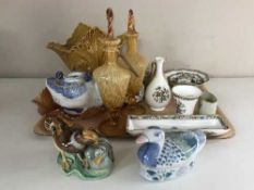 A tray of carnival glass, pair of marble glass vases with stoppers, duck ornaments,