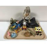 A tray of vintage and later toys - tin plate Panda street vendor, tin plate bunny and robot,