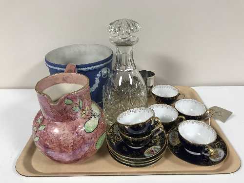 A tray of Jasper ware planter, Kensington ware jug, decanter,