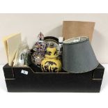 Singer hand sewing machine and a box of table lamps, oriental vases, linen,