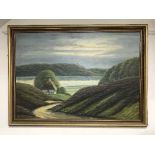 20th century school, a cottage by a lake, oil on board, initialled.