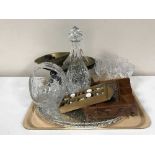 Tray of kitchen scales and weights, thimbles, plated gallery tray,