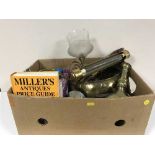 A box of antique guides, brass planter, flat iron, gilt lamp and shade,