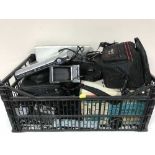 Two crates of assorted video cameras, mobiles, lap top, PC discs,