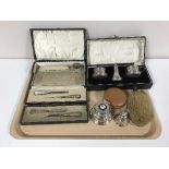 A collection of silver to include a boxed three piece cruet set (lacking spoons),