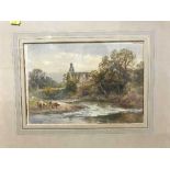 J. S. Gresley : Cattle watering with ruins beyond, watercolour, 19cm by 28cm signed.