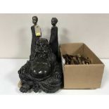 A tray of large resin figure of a Buddha, two Maasai figures,