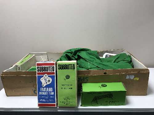 A box of boxed and un-boxed Subbuteo teams and accessories
